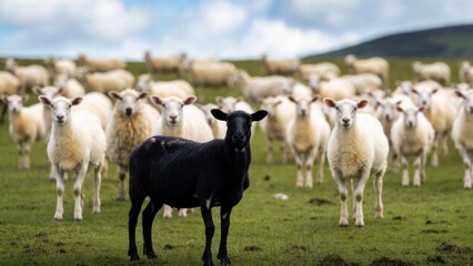 Fototapeta premium Black sheep standing out among a flock of white sheep in a green pasture.
