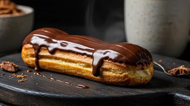 A chocolate eclair on a wooden board with steaming coffee nearby.