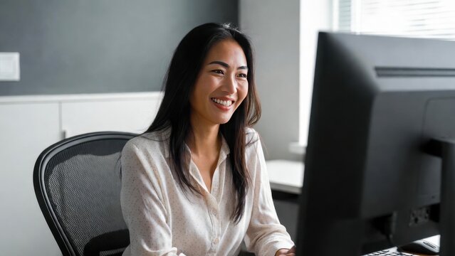 Asian female professional working at computer in modern office.
