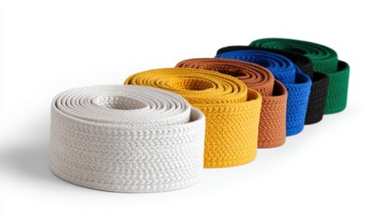 A row of judo belts in multiple colors sits on a white background. Each belt shows the progression from beginner to advanced levels in martial arts practice, symbolizing skill and commitment