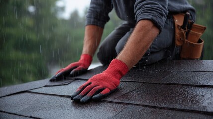 Worker repairs damaged shingles on a wet roof in heavy rain. The roof surface is dark and soaked. Tools and hands are visible in the scene as rain falls