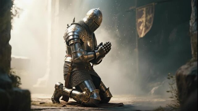 A knight in armor kneels in prayer, bathed in soft, atmospheric light.