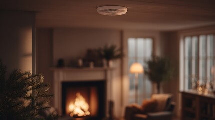 A smoke detector is active in a living room with a fireplace. The room has warm lighting and a comfortable seating area. It is an evening setting ideal for safety