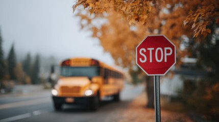 A red stop sign extends from a yellow school bus during the day. The bus is parked on the road, while trees and the background are out of focus. This scene serves as a reminder for child safety