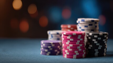 Stacks of multicolored poker chips rest on a casino table. Strong bokeh lighting creates a moody atmosphere. The scene captures the excitement of a casino night