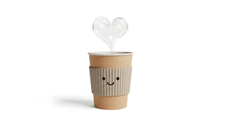 Smiling disposable coffee cup with heart shaped steam rising symbolizing warmth and happiness in a simple minimalist setting