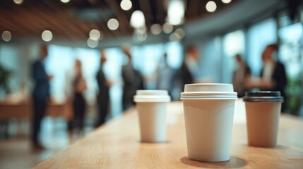 Coffee cups placed on a conference table are in focus while business people talk in the background. The setting is a modern office with warm lighting