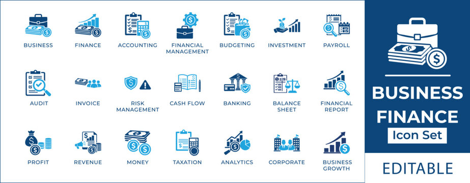 Business finance icon set featuring financial management, accounting, budgeting, investment, payroll, audit, cash flow, banking, revenue growth, and corporate taxation symbols.
