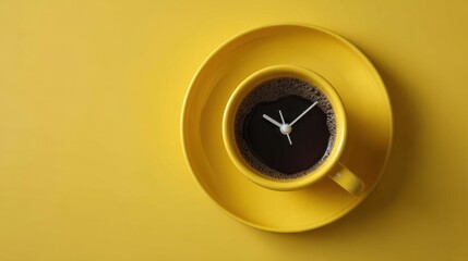 A yellow ceramic coffee cup filled with black coffee sits inside a round yellow clock. The setting has a minimalist style on a plain yellow background. Soft lighting adds sharp focus to the scene