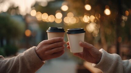 Two hands meet as people clink takeaway coffee cups outside during a warm evening. Bokeh lights create a lively urban atmosphere for this casual moment
