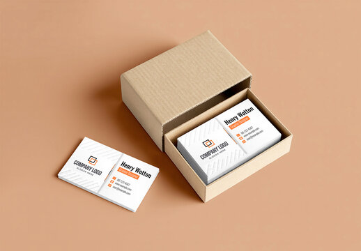 Business card mockup with open cardboard box