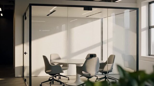 Modern glass office meeting room with empty chairs and table, warm sunlight and shadows for corporate workspace design, calm minimal mood for productivity planning