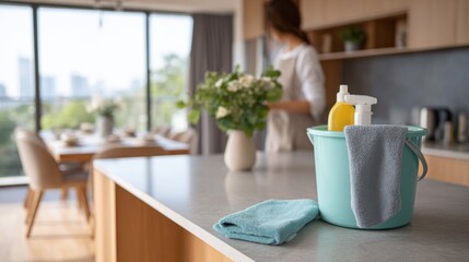 A woman is cleaning the kitchen countertop in a modern home during daylight. A bucket with cleaning supplies sits in the foreground as she focuses on her task