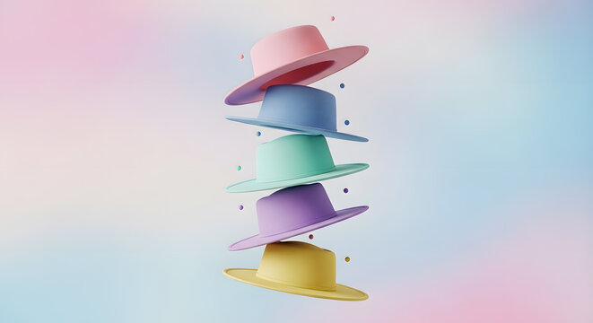 Multiple vibrant summer hats of different colors stacked vertically and floating against a gradient sky