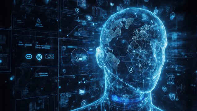 Futuristic digital human head overlaid with a globe and data, glowing in blue
