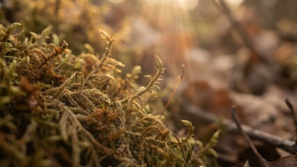 Intricate Macro Shot of Velvety Moss with Golden Sunlight
