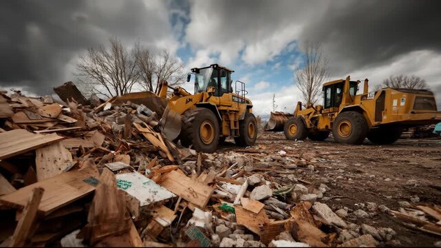 Heavy machinery clearing debris on a cloudy day at a construction site.