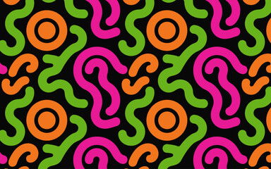 Fototapeta premium Seamless pattern of abstract organic shapes in bright pink green and orange black background