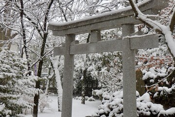 雪の神社と石の鳥居の白い世界　埼玉県川口神社