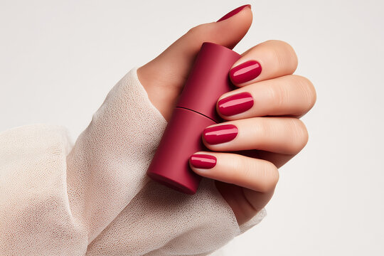 A graceful female hand with a pastel terracotta manicure holding a cosmetic product on a light background.
