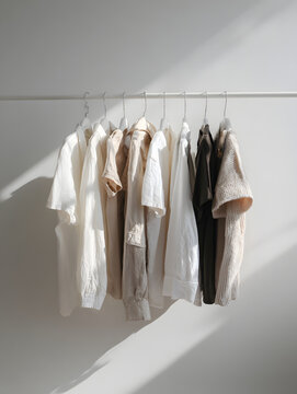 Minimal capsule wardrobe flat lay neutral garments timeless casual shirts and knit sweater in soft beige and white sunlight