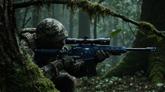 A camouflaged soldier aims a high-tech rifle in a dense forest