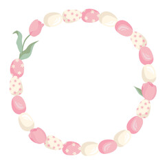 Obraz premium A round frame with pink Easter eggs and tulips. Vector illustration of Easter eggs with a geometric and floral pattern. Perfect for an Easter theme.