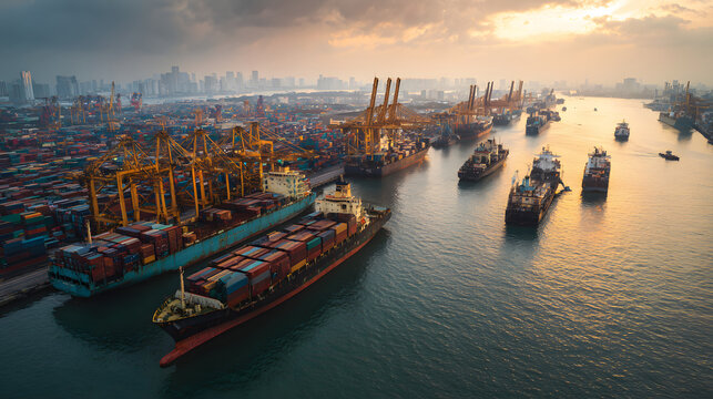 Container ship port at sunset with cargo vessels lined along busy harbor under dramatic sky