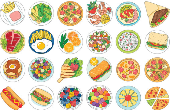 Colorful illustrated collection of diverse food plates featuring pizza, sandwiches, salads, fruits, desserts, and snacks arranged in a vibrant 5x5 grid design.