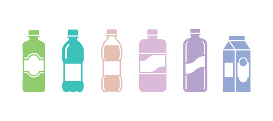a group of simple icons illustrating a rectangular bottle for beverages set on a white background

