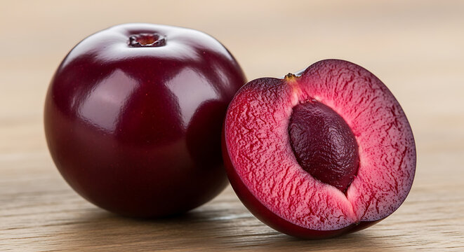 Chokecherry whole fruit next to half cut showing dark flesh and glossy skin