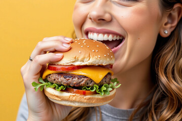 Happy Woman Eating Delicious Burger on Bright Yellow Background