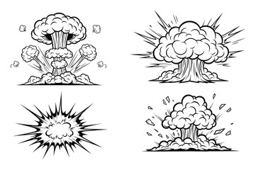 Fototapeta premium Comic Book Style Explosions and Mushroom Clouds in Black and White