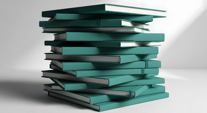A high disorganized pile of teal journals with white pages and bands multiple books layered on top of each other against a white background