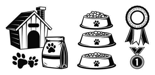 Pet Care Icons: Dog House, Food, Paw Prints, Ribbons, and Medals