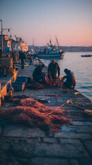 Fototapeta premium Fisherman fishing net harbor sunrise boat silhouette dock teamwork sea coastal village Peaceful fisherman mending fishing net harbor dock sunrise
