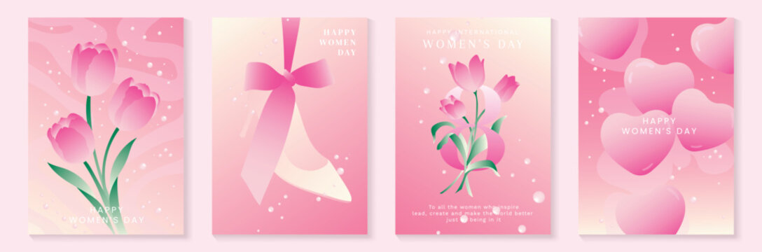 Happy Womens Day vector poster illustration with ribbon bow, spring flowers and floating hearts on pastel pink background. Festive design for cards, banners, invitations and posters.