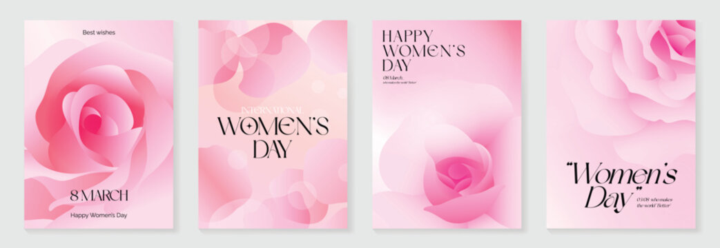 International Womens Day vector poster illustration with rose petals, womens day text and soft pink gradient background. Elegant design for posters, flyers, banners and greeting cards.