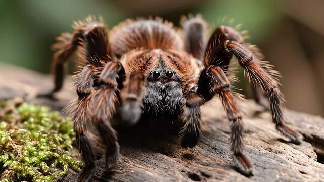 A large, hairy tarantula spider sits on a mossy log in its natural habitat.