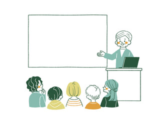 スクリーンやホワイトボードを使って説明をする男性