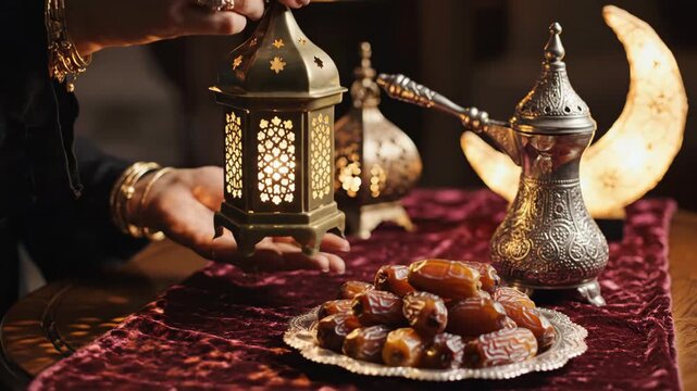 Elegant Woman Places a Glowing Ramadan Lantern on a Festive Table with Dates and Traditional Decor