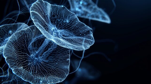 Bioluminescent organic structures floating in dark blue digital void