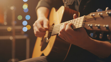 Obraz premium Acoustic guitar song Man playing music at concert. Live, hands close up. Strings, chords