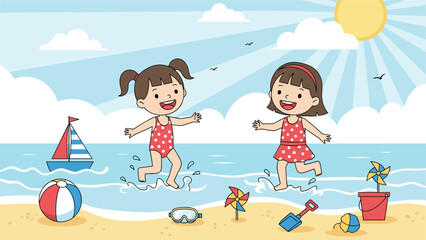 Fototapeta premium Two cheerful young girls wearing red polka dot swimsuits running and playing together in the shallow waves on a sunny tropical beach shore.
