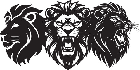 Obraz premium Triple lion head logo illustration in bold monochrome vector style isolated on white background