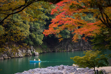 The scenery of Arashiyama and Katsura River in late autumn in Kyoto, Japan.