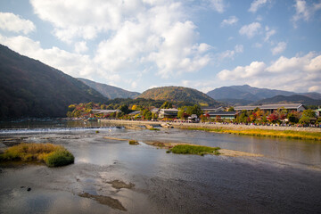 The scenery of Arashiyama and Katsura River in late autumn in Kyoto, Japan.