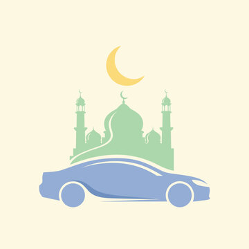 Car silhouette driving toward a mosque at sunset background