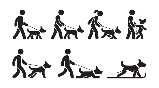 Dog walking silhouette icon collection with pet owner and canine poses