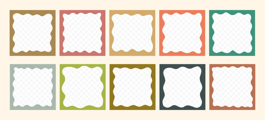Boho Organic Wavy Square Frame Set with Empty Png Transparent Space. Square Scallop Cute Wave Picture Border Collection. Scallop Wavy Frame Shape Kit. Vector Illustration